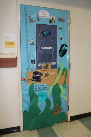Mr. Buck's senior homeroom (2015-B) won with the addition of 2 live goldfish in a tank attached to their door. 