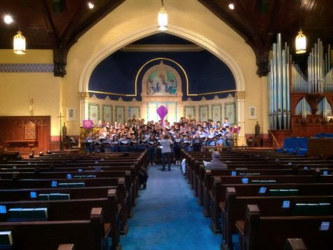 An overview shot of the inside of the church space the combined choirs sang in for their concert. 