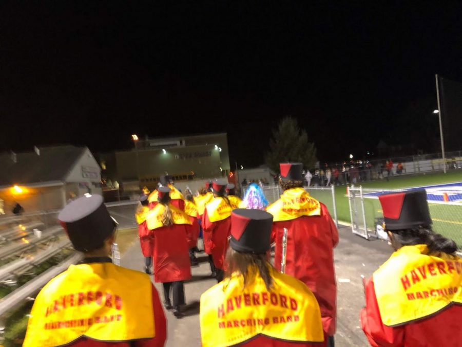 The Haverford High School Marching Band marches out of Kottmeyer Stadium at the end of this season’s semifinal game.