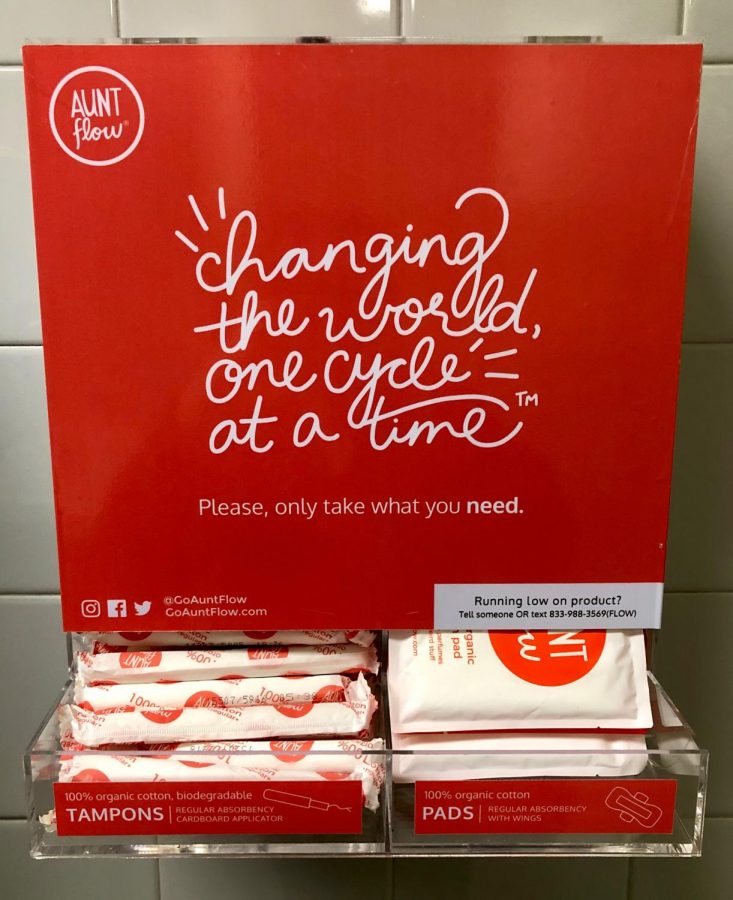 Menstrual products from Aunt Flow, a company that donates one product for every 10 tampons and pads sold, are available in the girls restrooms at Haverford High School.  