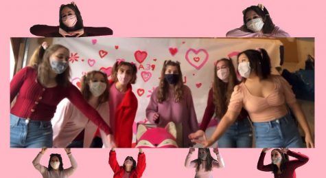 The Peanuts record a virtual singing valentine (with masks) in order to safely continue this Haverford tradition. (Pictured left to right: Junior Macy Dahl, Sophomores Julia Taglang, Tess Madonna, Kara Lacianca, Brigit Brennan, and Chloe Hyun) 