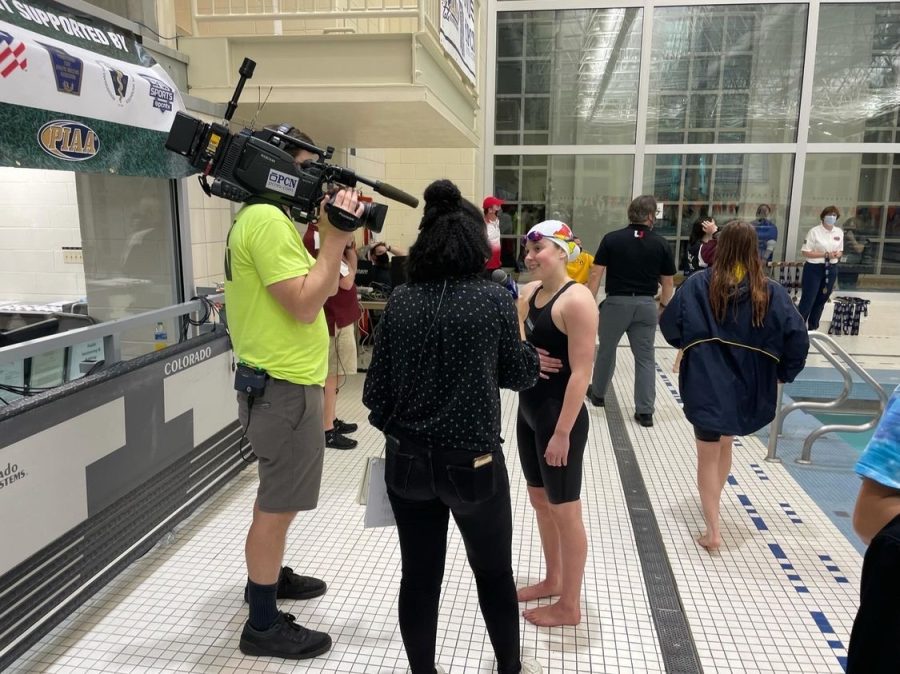 Eruslanova discusses her victory in the 200 IM with the Pennsylvania Cable Network. 