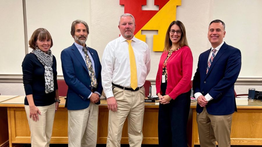 (Pictured from left to right) School Board President, Bridget Wiedeman, board member, Larry Feinberg, Joe McCunney, Assistant Superintendent, Jennifer Saksa, and Assistant Director of Human Resources, Dr. George Ramoundos