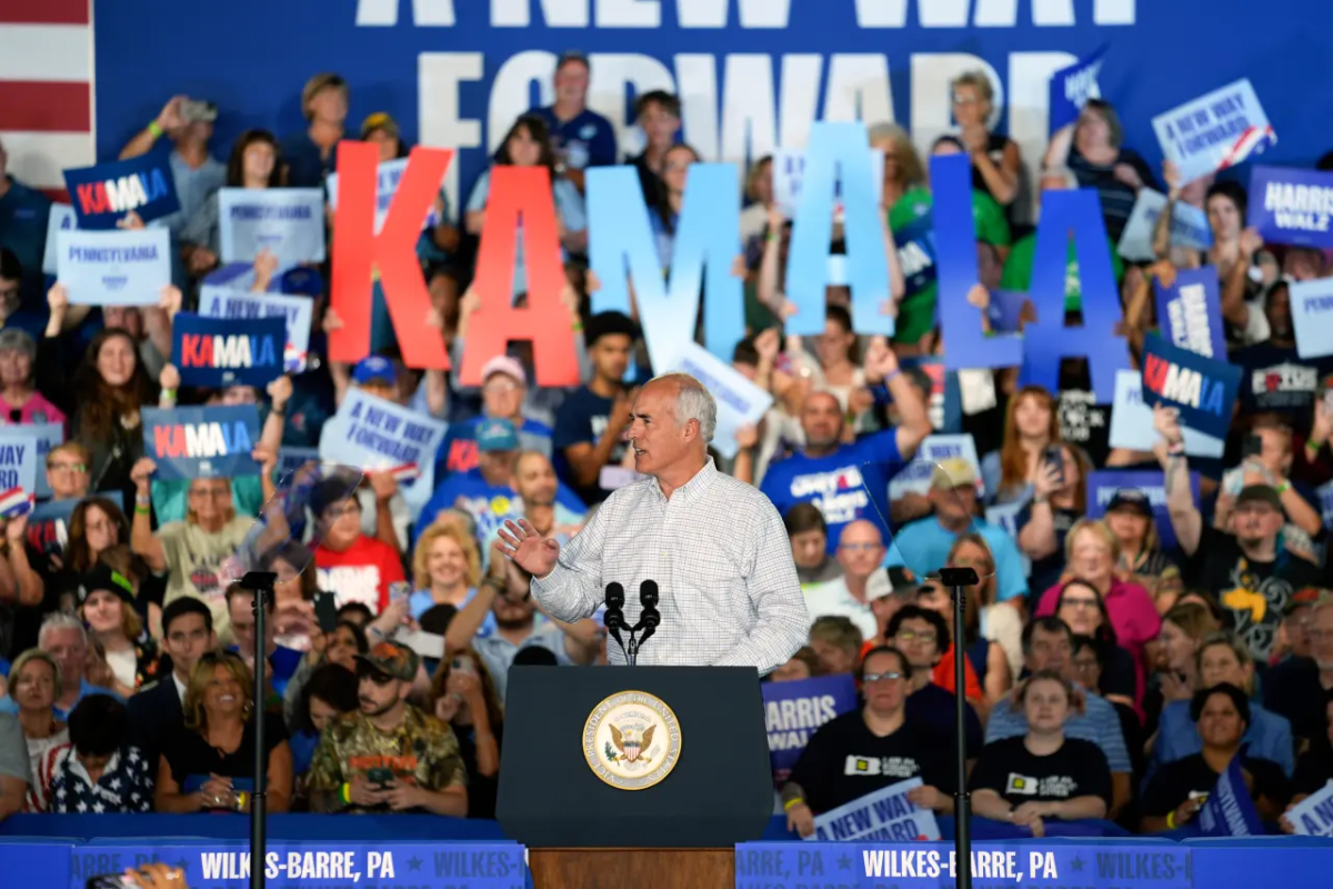 U.S. Sen. Bob Casey speaks before Vice President Kamala Harris arrives on stage at a campaign rally on Friday, Sept. 13th, 2024.