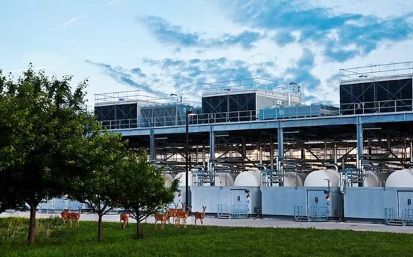 A group of deer graze near the cooling towers of Google’s data center in Council Bluffs, Iowa.