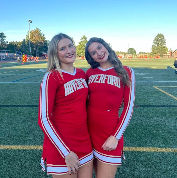 Senior cheerleaders, Maddie Sylvester (right) and Maya Canterino (left), enjoy their senior night celebration. 