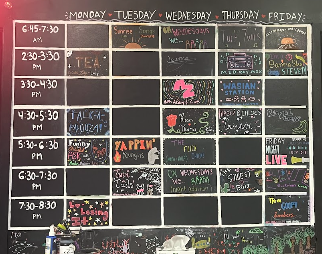 The wall located in the WHHS Radio room features all of the current shows and their unique names.