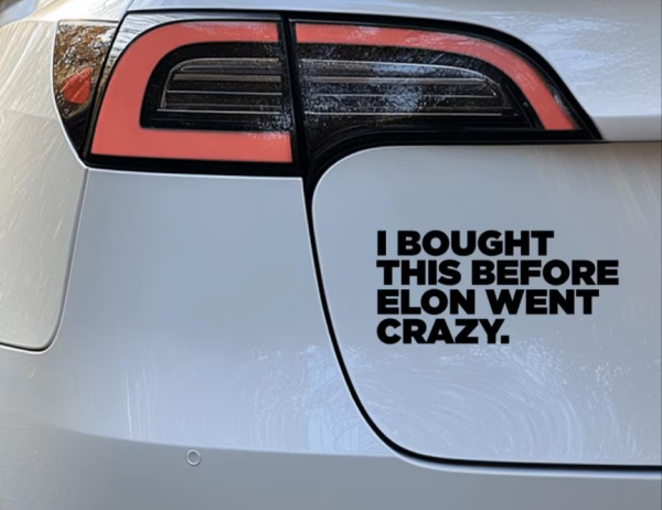 A sticker signifying Tesla owner’s distaste with Musk’s recent actions