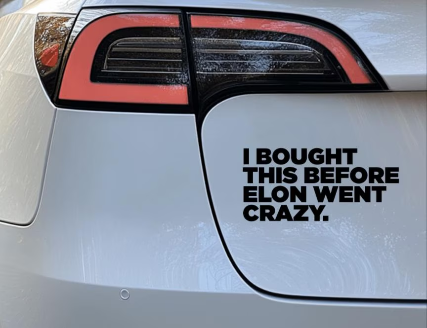 A sticker signifying Tesla owner’s distaste with Musk’s recent actions