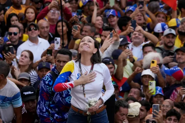 Maria Corina Machado pictured leading a rally of Venezuelans seeking free and fair democracy