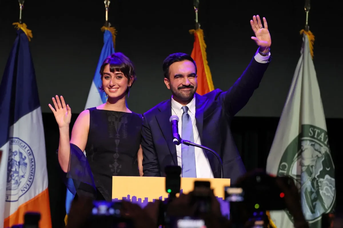 Zohran Mamdani wins the NYC Mayoral Election and greets the people of New York with his wife, Rama Duwaji.