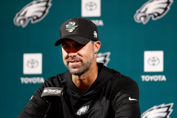 
Eagles offensive coordinator Kevin Patullo describes the team's lack of intermediate passes during an interview. Photo credits: The Inquirer