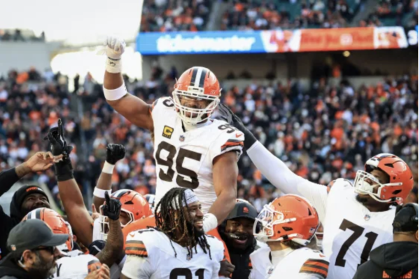 Myles Garrett celebrates after breaking the NFL single-season sacks record during a game against the Cincinnati Bengals on Jan. 4. Photo credits: NBC