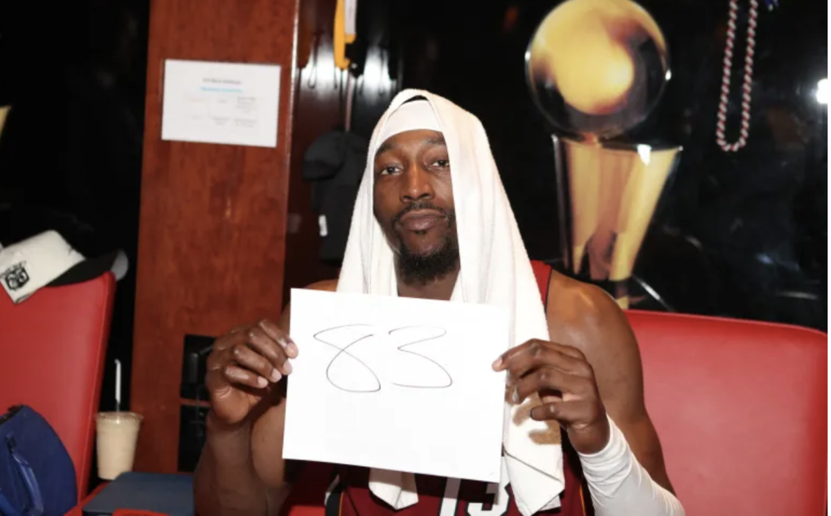 Bam Adebayo celebrates after scoring 83 points in game against the Washington Wizards.