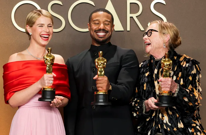 Jessie Buckley, Michael B. Jordan, and Amy Madigan after winning Best Actress in a Leading Role, Best Actor in a Leading Role, and Best Actress in a Supporting Role. 